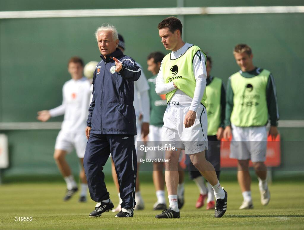 4 September 2008; Republic of Ireland manager Giovanni Trapattoni  with Steve Finnan during a squad training session. Gannon Park, Malahide, Dublin. Picture credit: David Maher / SPORTSFILE