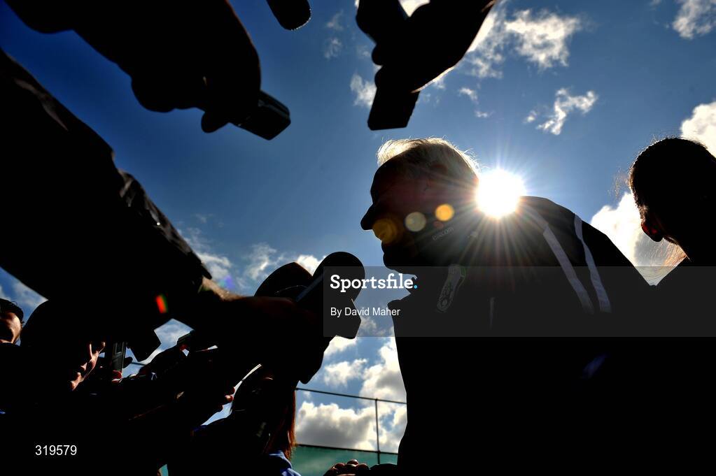 4 September 2008; Republic of Ireland manager Giovanni Trapattoni during a pitch side press briefing after a squad training session. Gannon Park, Malahide, Dublin. Picture credit: David Maher / SPORTSFILE