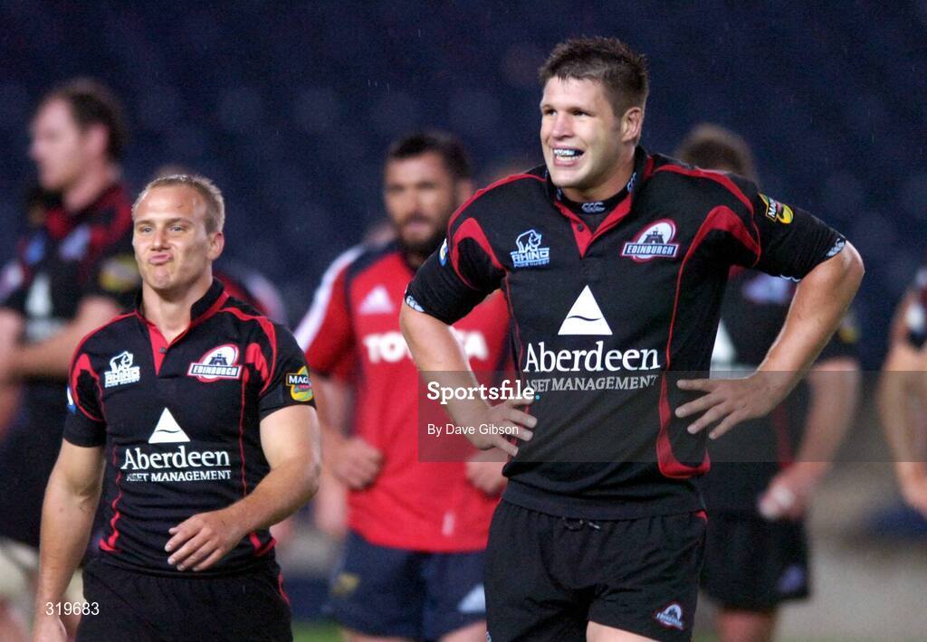 5 September 2008; Edinburgh's Andrew Turnbull, left, and Ally Hogg leave the field dejected at full time following their 15-20 defeat Munster. Magners League, Edinburgh v Munster, Murrayfield Stadium, Edinburgh, Scotland. Picture credit: Dave Gibson / SPORTSFILE