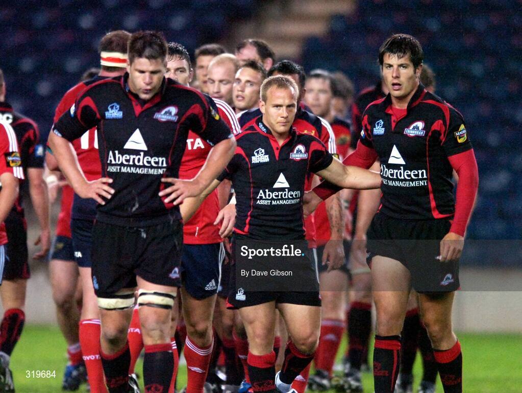 5 September 2008; Edinburgh's Ally Hogg, left, Andrew Turnbull, centre, and Hugo Southwell leave the field dejected at full time following a 15-20 defeat to Munster. Magners League, Edinburgh v Munster, Murrayfield Stadium, Edinburgh, Scotland. Picture credit: Dave Gibson / SPORTSFILE