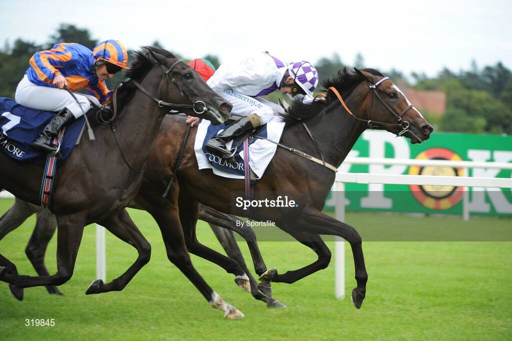 7 September 2008; Lush Lashes, right, with Kevin Manning up, on their way to winning the Coolmore Fusaichi Pegasus Matron Stakes (Group 1), ahead of eventual third Halfway to Heaven, left, with Seamus Heffernan up. Horse Racing, Leopardstown, Dublin. Photo by Sportsfile