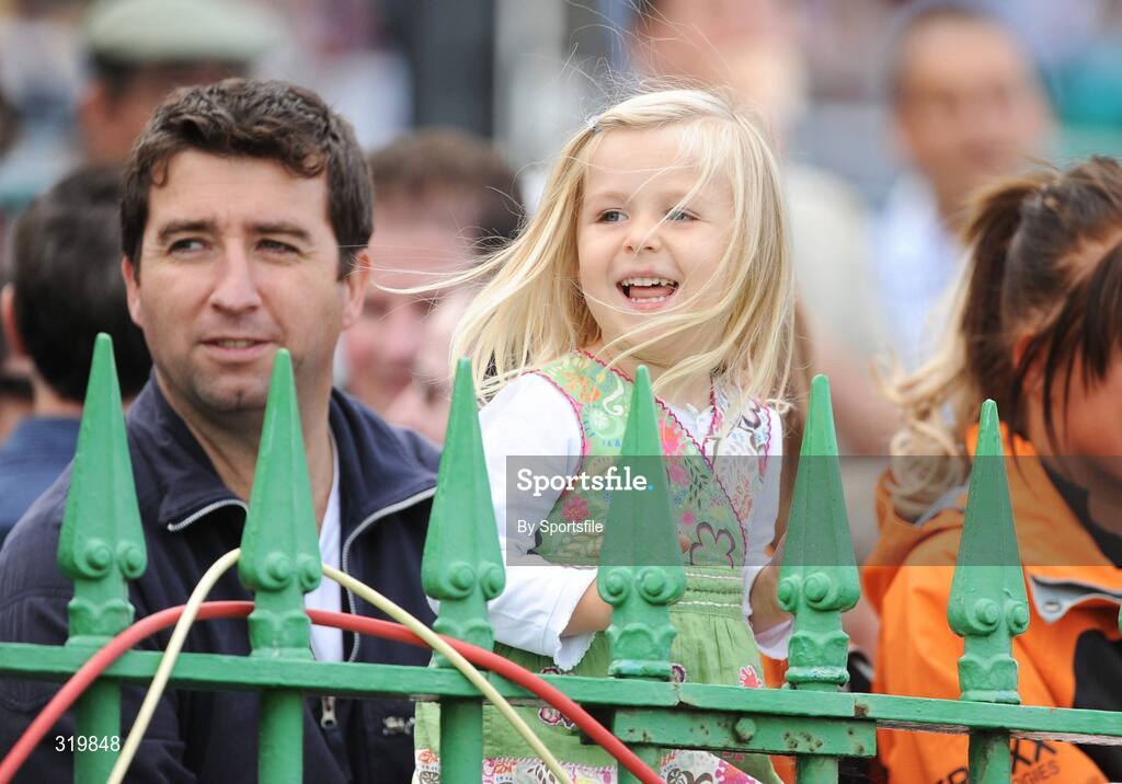 7 September 2008; Three year old Robyn Gough from Milltown, Co. Dublin, cheering on the horses at Leopardstown. Horse Racing, Leopardstown, Dublin. Photo by Sportsfile