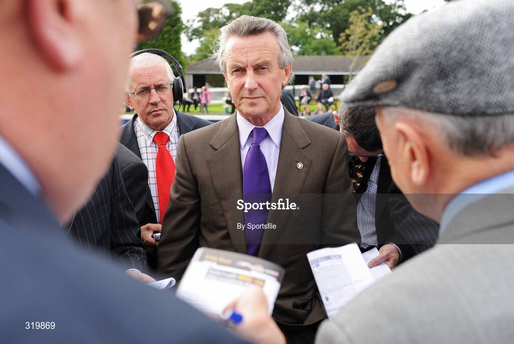 7 September 2008; Trainer of New Approach, Jim Bolger, speaking to the media after winning the Tattersalls Millions Irish Champion Stakes. Horse Racing, Leopardstown, Dublin. Photo by Sportsfile