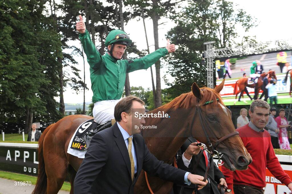7 September 2008; Jockey Kevin Manning aboard New Approach after winning the Tattersalls Millions Irish Champion Stakes. Horse Racing, Leopardstown, Dublin. Photo by Sportsfile