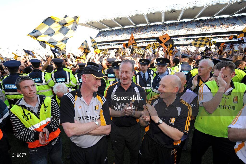 7 September 2008; The Kilkenny management of Brian Cody, left, Michael Dempsey and Martin Fogarty celebrate with the fans after the game. GAA Hurling All-Ireland Senior Championship Final, Kilkenny v Waterford, Croke Park, Dublin. Picture credit: Brendan Moran / SPORTSFILE