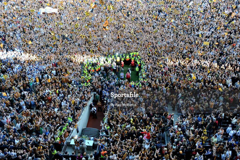 7 September 2008; Kilkenny captain James 'Cha' Fitzpatrick lifts the Liam MacCarthy cup as the team supporters cheer from the pitch. GAA Hurling All-Ireland Senior Championship Final, Kilkenny v Waterford, Croke Park, Dublin. Picture credit: Ray McManus / SPORTSFILE
