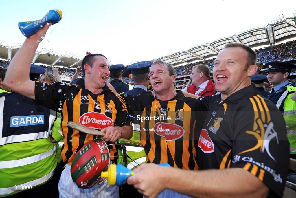 7 September 2008; Kilkenny's Eoin Larkin, left, JJ Delaney, centre, and PJ Ryan celebrate after the game. GAA Hurling All-Ireland Senior Championship Final, Kilkenny v Waterford, Croke Park, Dublin. Picture credit: Brendan Moran / SPORTSFILE