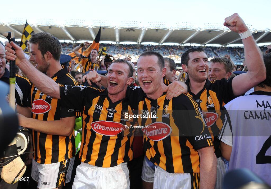 7 September 2008; Kilkenny's Noel Hickey, left, Michael Kavanagh and Derek Lyng celebrate after the game. GAA Hurling All-Ireland Senior Championship Final, Kilkenny v Waterford, Croke Park, Dublin. Picture credit: Brendan Moran / SPORTSFILE