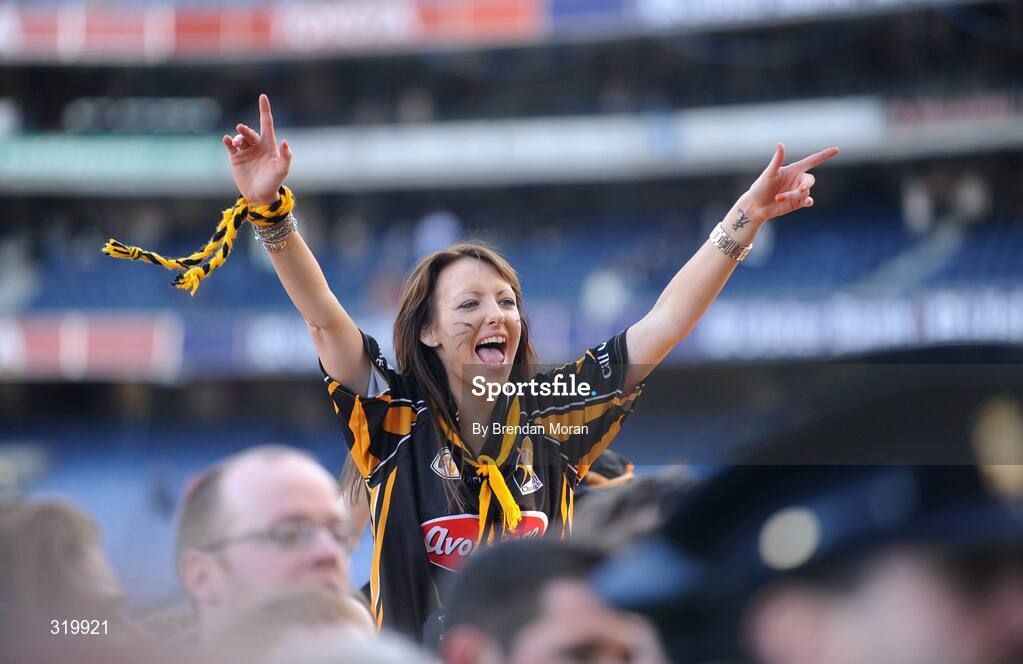 7 September 2008; A Kilkenny fan celebrates her side's victory. GAA Hurling All-Ireland Senior Championship Final, Kilkenny v Waterford, Croke Park, Dublin. Picture credit: Brendan Moran / SPORTSFILE