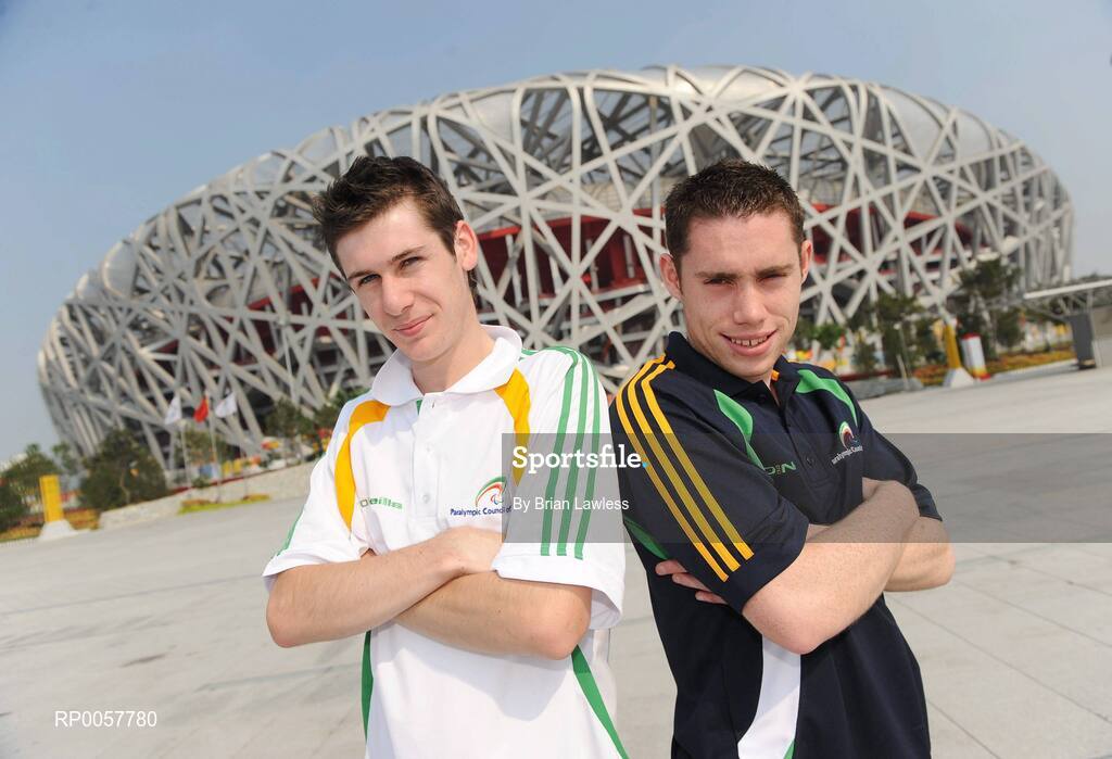 5 September 2008; Athletics hopefuls Michael McKillop, left, from Glengormley, Co. Antrim, who competes in the 800m T37, and Jason Smyth, from Eglington, Co. Derry, who competes in the 100m & 200m, T13, outside the National Stadium in the build up to the 2008 Beijing Paralympic Games. The National Stadium, Olympic Green, Beijing, China. Picture credit: Brian Lawless / SPORTSFILE