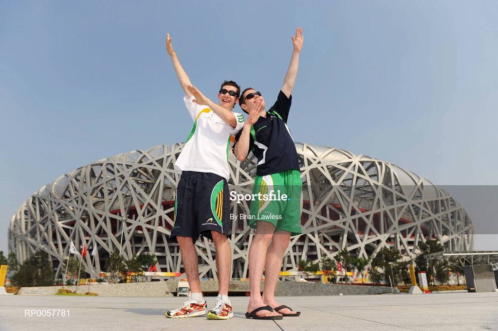 5 September 2008; Athletics hopefuls Michael McKillop, left, from Glengormley, Co. Antrim, who competes in the 800m T37, and Jason Smyth, from Eglington, Co. Derry, who competes in the 100m & 200m, T13, outside the National Stadium in the build up to the 2008 Beijing Paralympic Games. The National Stadium, Olympic Green, Beijing, China. Picture credit: Brian Lawless / SPORTSFILE
