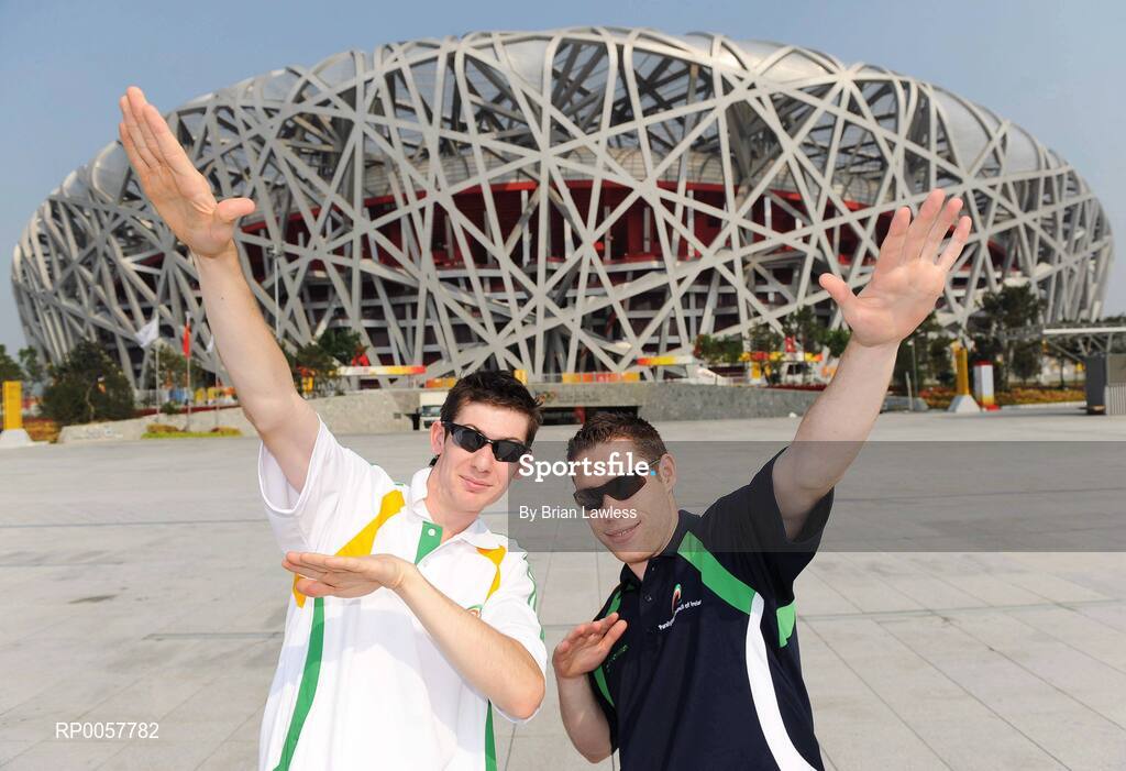 5 September 2008; Athletics hopefuls Michael McKillop, left, from Glengormley, Co. Antrim, who competes in the 800m T37, and Jason Smyth, from Eglington, Co. Derry, who competes in the 100m & 200m, T13, outside the National Stadium in the build up to the 2008 Beijing Paralympic Games. The National Stadium, Olympic Green, Beijing, China. Picture credit: Brian Lawless / SPORTSFILE