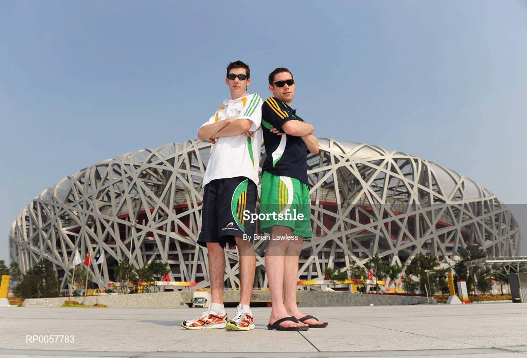 5 September 2008; Athletics hopefuls Michael McKillop, left, from Glengormley, Co. Antrim, who competes in the 800m T37, and Jason Smyth, from Eglington, Co. Derry, who competes in the 100m & 200m, T13, outside the National Stadium in the build up to the 2008 Beijing Paralympic Games. The National Stadium, Olympic Green, Beijing, China. Picture credit: Brian Lawless / SPORTSFILE