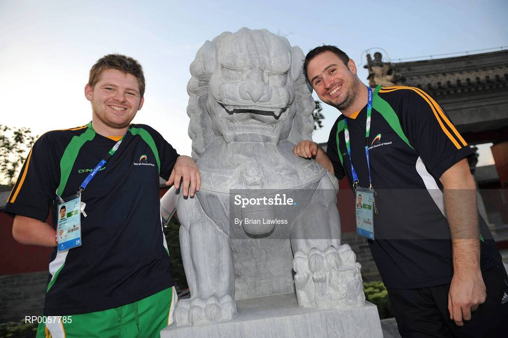 5 September 2008; Swimming hopefuls David Malone, right, 100m Backstroke, S8, and Johnny Cummings, S6, from Coalisland, Co. Tyrone, at the Athletes village. Beijing 2008 Paralympic Games, Paralympic Athletes Village, Olympic Green, Beijing, China. Picture credit: Brian Lawless / SPORTSFILE