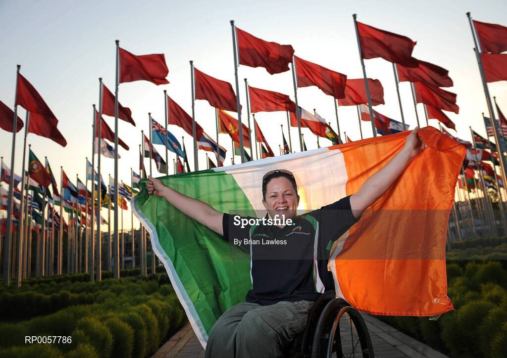 5 September 2008; Official flag bearer Patrice Dockery, from Swords, Dublin, who competes in the wheelchair track event in 100m, 200m, & 400m, prepares for the Opening Ceremony which will be held tomorrow the 6 September in the National stadium. Beijing 2008 Paralympic Games, Paralympic Athletes Village, Olympic Green, Beijing, China. Picture credit: Brian Lawless / SPORTSFILE