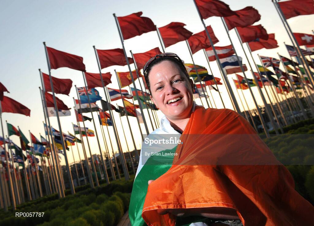 5 September 2008; Official flag bearer Patrice Dockery, from Swords, Dublin, who competes in the wheelchair track event in 100m, 200m, & 400m, prepares for the Opening Ceremony which will be held tomorrow the 6 September in the National stadium. Beijing 2008 Paralympic Games, Paralympic Athletes Village, Olympic Green, Beijing, China. Picture credit: Brian Lawless / SPORTSFILE