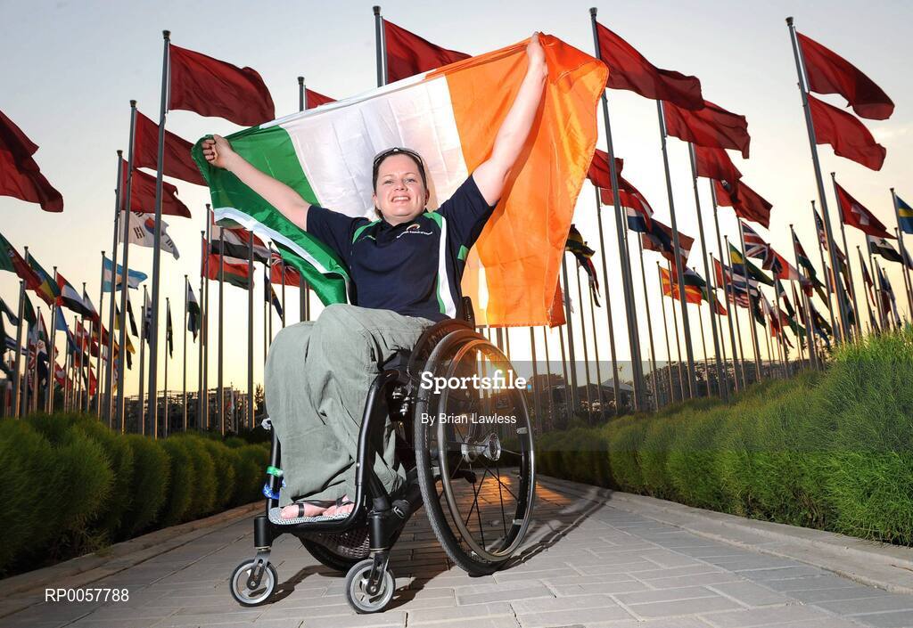 5 September 2008; Official flag bearer Patrice Dockery, from Swords, Dublin, who competes in the wheelchair track event in 100m, 200m, & 400m, prepares for the Opening Ceremony which will be held tomorrow the 6 September in the National stadium. Beijing 2008 Paralympic Games, Paralympic Athletes Village, Olympic Green, Beijing, China. Picture credit: Brian Lawless / SPORTSFILE