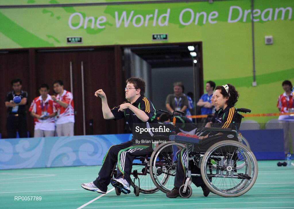 5 September 2008; Padraic Moran, from  Bray, Dublin, who competes in the BC1 Individual & BC1/BC2 team, left and Roberta "Bobbie" Connolly, from Dublin, who competes in the BC2 Mixed Individual & BC1/2 Mixed team, during a Boccia training session. Beijing 2008 Paralympic Games, Fencing Hall of National Convention Centre, Olympic Green, Beijing, China. Picture credit: Brian Lawless / SPORTSFILE