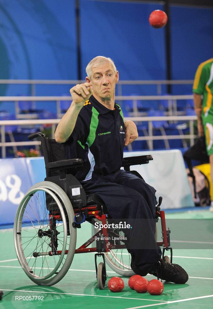 5 September 2008; Thomas Leahy, from Fermoy, Co. Cork, who competes in BC2 Mixed Individual & BC1/BC1 Mixed team, during a Boccia training session. Beijing 2008 Paralympic Games, Fencing Hall of National Convention Centre, Olympic Green, Beijing, China. Picture credit: Brian Lawless / SPORTSFILE