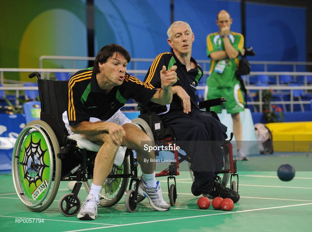 5 September 2008; Gabriel Kelly, from Carlow, left, who competes in the BC1 Mixed Individual & BC1/BC2 Mixed Team, and Thomas Leahy, from Fermoy, Co. Cork, who competes in BC2 Mixed Individual & BC1/BC1 Mixed team, during a Boccia training session. Beijing 2008 Paralympic Games, Fencing Hall of National Convention Centre, Olympic Green, Beijing, China. Picture credit: Brian Lawless / SPORTSFILE