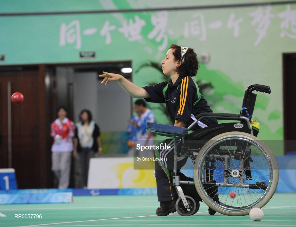 5 September 2008; Roberta "Bobbie" Connolly, from Dublin, who competes in the BC2 Mixed Individual & BC1/2 Mixed team, during a Boccia training session. Beijing 2008 Paralympic Games, Fencing Hall of National Convention Centre, Olympic Green, Beijing, China. Picture credit: Brian Lawless / SPORTSFILE