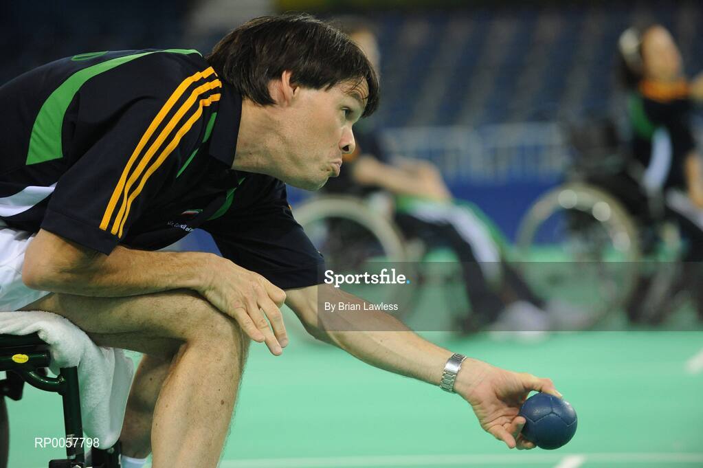 5 September 2008; Gabriel Kelly, from Carlow, left, who competes in the BC1 Mixed Individual & BC1/BC2 Mixed Team, during a Boccia training session. Beijing 2008 Paralympic Games, Fencing Hall of National Convention Centre, Olympic Green, Beijing, China. Picture credit: Brian Lawless / SPORTSFILE