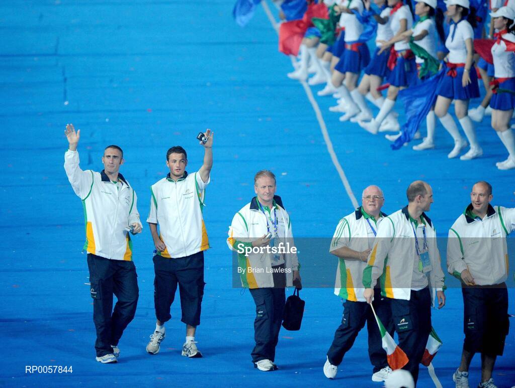 6 September 2008; Members of the Ireland 7-A-Side Football team Derek Malone, from Limerick, left, and Gary Messett, from Wicklow, during the Opening Ceremony of the Beijing Paralympic Games 2008, National Stadium, Olympic Green, Beijing, China. Picture credit: Brian Lawless / SPORTSFILE