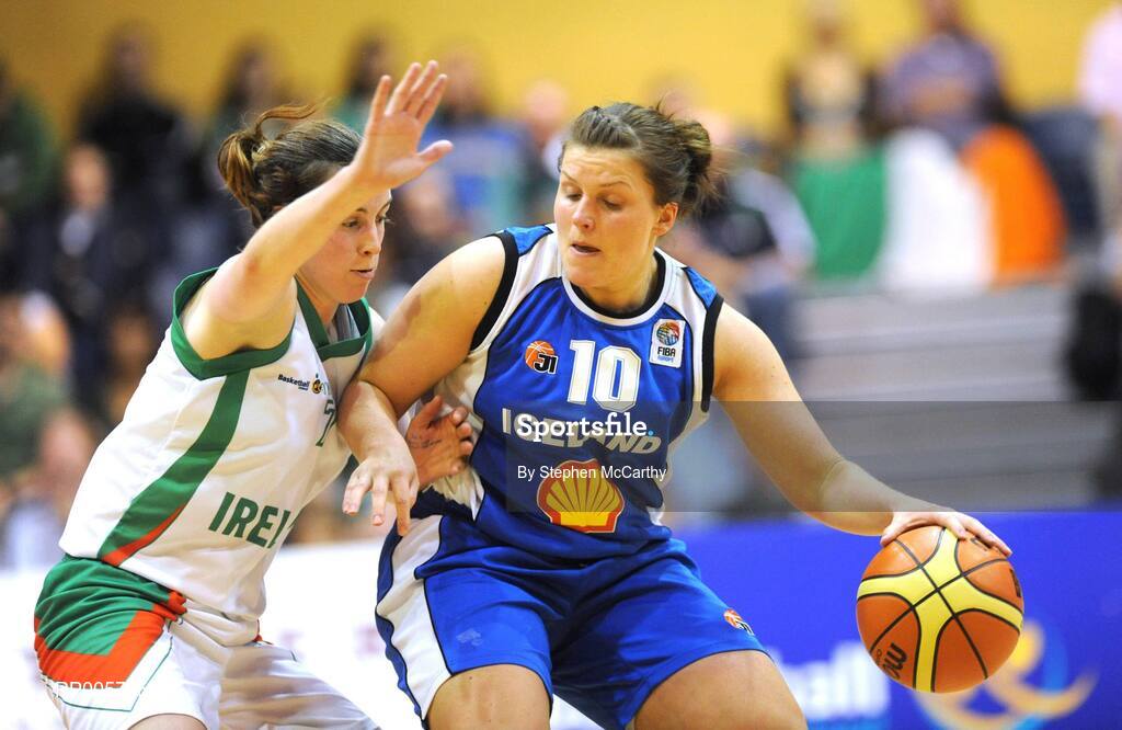 6 September 2008; Hildur Sigurdardottir, Iceland, in action against Niamh Dwyer, Ireland. Senior Women's Basketball European Championship - Division B - Group A - Ireland v Iceland, National Basketball Arena, Tallaght, Dublin. Picture credit: Stephen McCarthy / SPORTSFILE