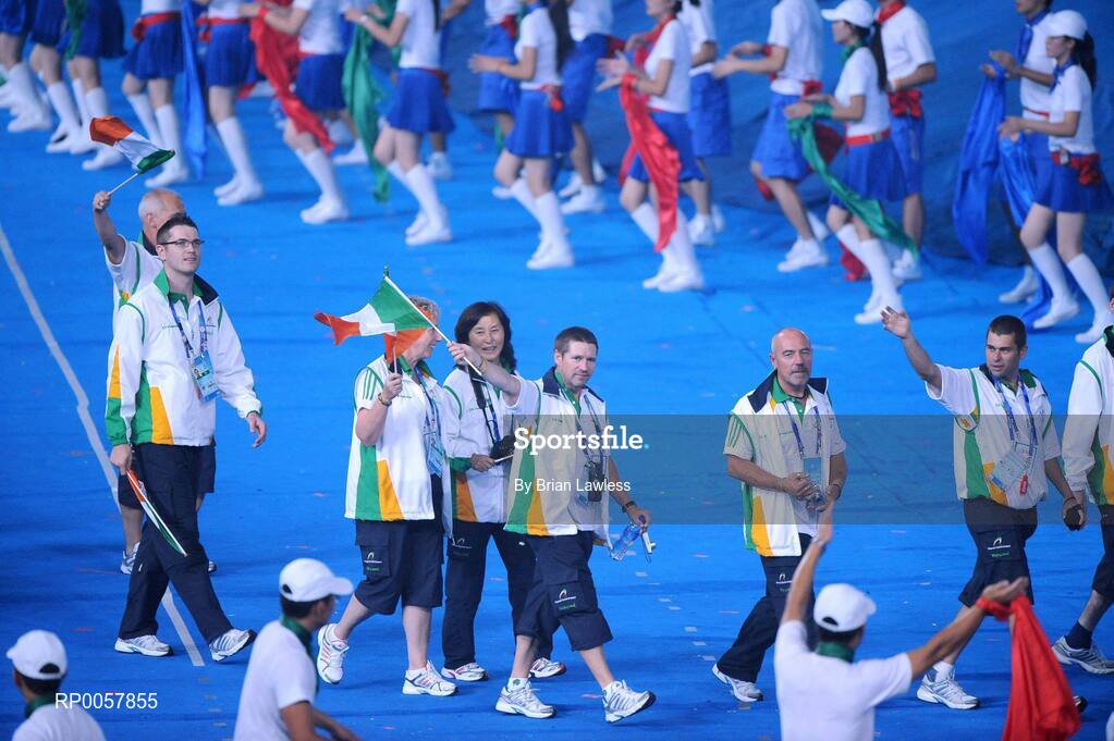 6 September 2008; Members of the Ireland Paralympic team, from left, Cycling coach Brian Nugent, Cookstown, Tyrone, Cycling manager Denis Toomey, from Mitchelstown, Cork, Micheal Bergin, Athletics staff, from Wexford, and 7-A-Side football player Finbarr O'Riordan, from Blackrock, Dublin, at the Opening Ceremony of the Beijing Paralympic Games 2008, National Stadium, Olympic Green, Beijing, China. Picture credit: Brian Lawless / SPORTSFILE