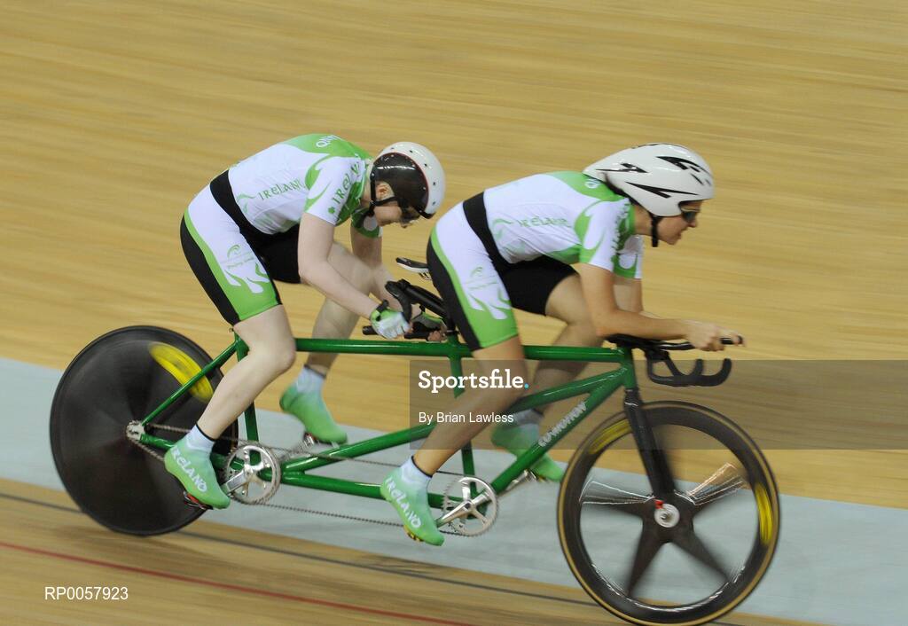 7 September 2008; Catherine Walsh, from Swords, Dublin, left, and sighted pilot rider Joanna Hickey, from Rathfarnham, Dublin, on their way to setting a new Irish National record during the 1km Time Trial Final (B&VI 1-3 class) in a time of 1:16.208. The duo finished in 7th position overall. Beijing Paralympic Games 2008, Women's 1km Time Trial (B&VI 1-3), Laoshan Velodrome, Shijingshan District, Beijing, China. Picture credit: Brian Lawless / SPORTSFILE
