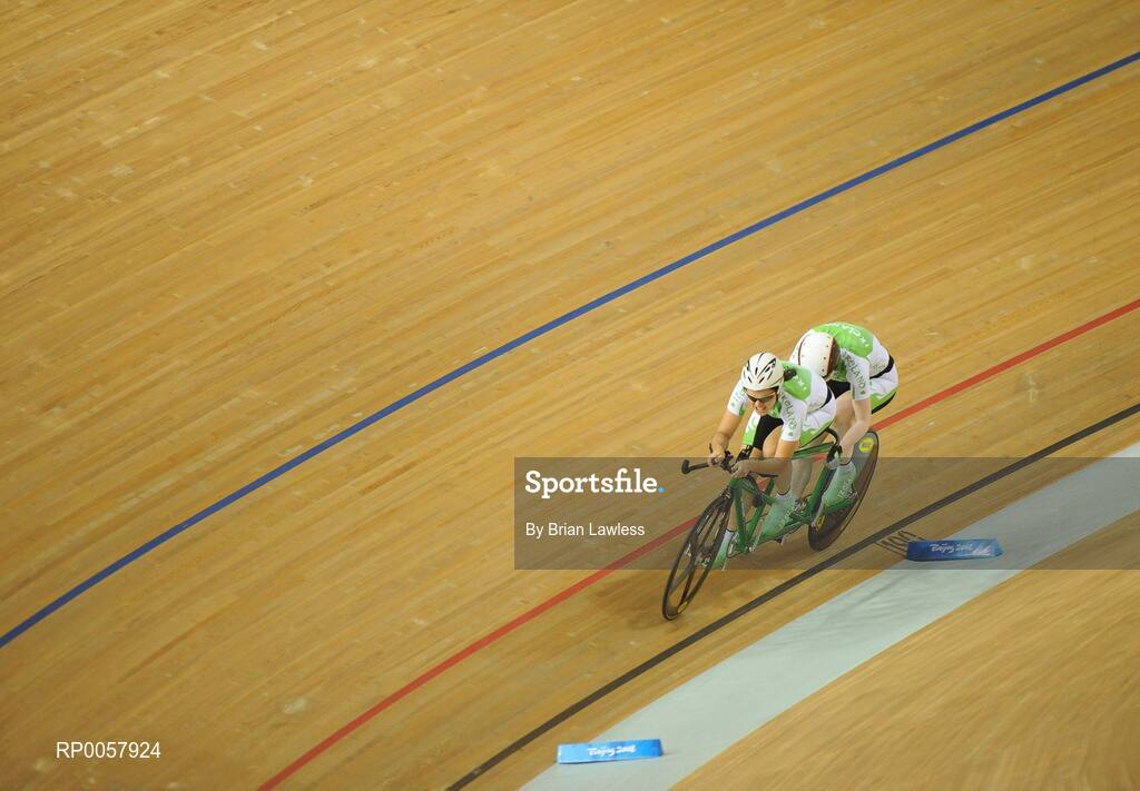 7 September 2008; Catherine Walsh, from Swords, Dublin, right, and sighted pilot rider Joanna Hickey, from Rathfarnham, Dublin, on their way to setting a new Irish National record during the 1km Time Trial Final (B&VI 1-3 class) in a time of 1:16.208. The duo finished in 7th position overall. Beijing Paralympic Games 2008, Women's 1km Time Trial (B&VI 1-3), Laoshan Velodrome, Shijingshan District, Beijing, China. Picture credit: Brian Lawless / SPORTSFILE