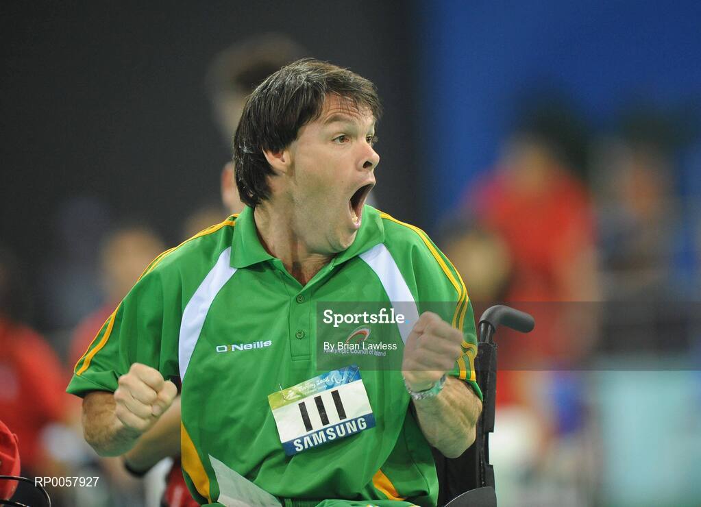 7 September 2008; Gabriel Shelly, from Bagenalstown, Co. Carlow, celebrates a point during his opening pool match of the Individual Boccia competition against Brock Richardson of Canada. Gabriel won the match 4-2. Beijing Paralympic Games 2008, Mixed Individual Boccia BC1, Pool D, Fencing Hall of National Convention Centre, Olympic Green, Beijing, China. Picture credit: Brian Lawless / SPORTSFILE