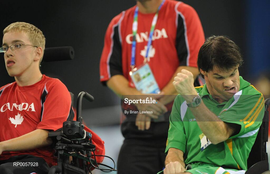 7 September 2008; Gabriel Shelly, from Bagenalstown, Co. Carlow, celebrates a point during his opening pool match of the Individual Boccia competition against Brock Richardson of Canada. Gabriel won the match 4-2. Beijing Paralympic Games 2008, Mixed Individual Boccia BC1, Pool D, Fencing Hall of National Convention Centre, Olympic Green, Beijing, China. Picture credit: Brian Lawless / SPORTSFILE