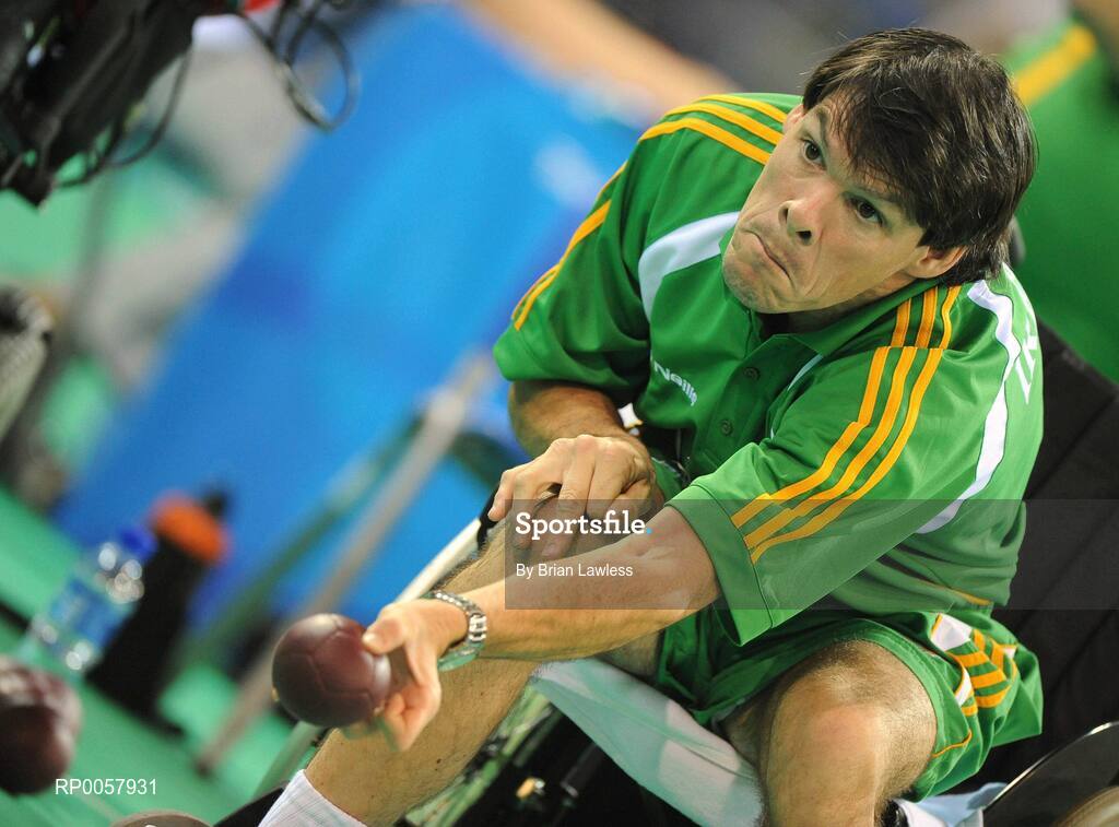 7 September 2008; Gabriel Shelly, from Bagenalstown, Co. Carlow, during his opening pool match of the Individual Boccia competition against Brock Richardson of Canada. Gabriel won the match 4-2. Beijing Paralympic Games 2008, Mixed Individual Boccia BC1, Pool D, Fencing Hall of National Convention Centre, Olympic Green, Beijing, China. Picture credit: Brian Lawless / SPORTSFILE