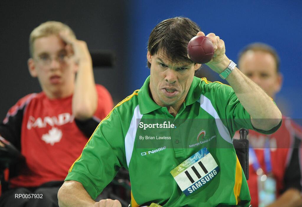 7 September 2008; Gabriel Shelly, from Bagenalstown, Co. Carlow, during his opening pool match of the Individual Boccia competition against Brock Richardson of Canada. Gabriel won the match 4-2. Beijing Paralympic Games 2008, Mixed Individual Boccia BC1, Pool D, Fencing Hall of National Convention Centre, Olympic Green, Beijing, China. Picture credit: Brian Lawless / SPORTSFILE