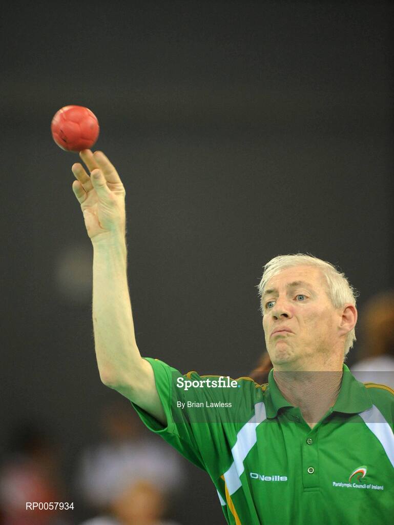 7 September 2008; Tom Leahy, from Fermoy, Co. Cork, during his opening pool match of the Individual Boccia competition against Risa Kainuma of Japan . Tom lost his match 4-2. Beijing Paralympic Games 2008, Mixed Individual Boccia BC2, Pool B, Fencing Hall of National Convention Centre, Olympic Green, Beijing, China. Picture credit: Brian Lawless / SPORTSFILE