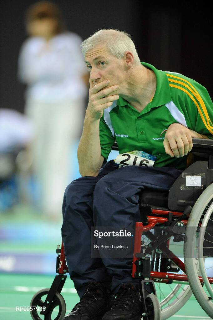 7 September 2008; Tom Leahy, from Fermoy, Co. Cork, watches a replay during his opening pool match of the Individual Boccia competition against Risa Kainuma of Japan. Tom lost his match 4-2. Beijing Paralympic Games 2008, Mixed Individual Boccia BC2, Pool B, Fencing Hall of National Convention Centre, Olympic Green, Beijing, China. Picture credit: Brian Lawless / SPORTSFILE