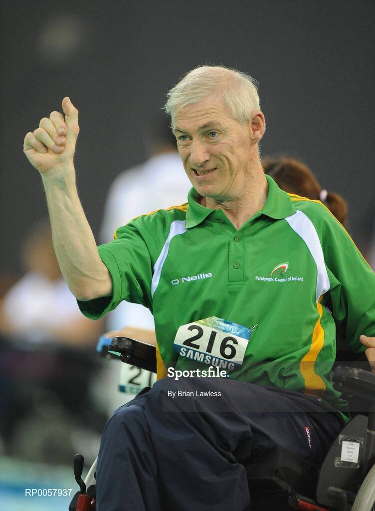7 September 2008; Tom Leahy, from Fermoy, Co. Cork, celebrates a point during his opening pool match of the Individual Boccia competition against Risa Kainuma of Japan. Tom lost his match 4-2. Beijing Paralympic Games 2008, Mixed Individual Boccia BC2, Pool B, Fencing Hall of National Convention Centre, Olympic Green, Beijing, China. Picture credit: Brian Lawless / SPORTSFILE