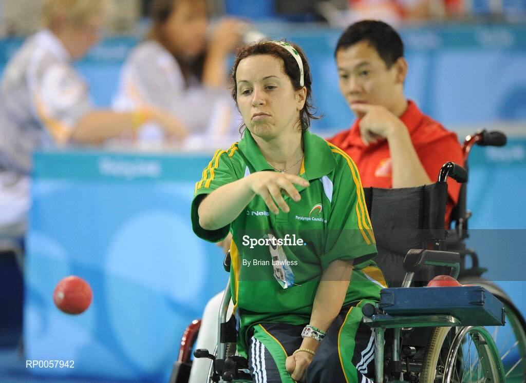 7 September 2008; Roberta 'Bobbie' Connolly, from Fockrock, Dublin, during her opening pool match of the Individual Boccia competition against Fei Cao of China. Roberta lost her match 5-0 before going on to win her second match 4-3 against Roberto Leglice of Argentina. Beijing Paralympic Games 2008, Mixed Individual Boccia BC2, Pool G, Fencing Hall of National Convention Centre, Olympic Green, Beijing, China. Picture credit: Brian Lawless / SPORTSFILE