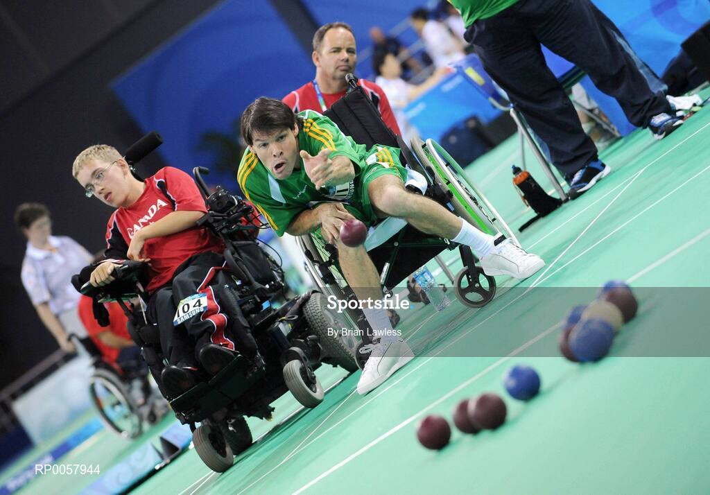 7 September 2008; Gabriel Shelly, from Bagenalstown, Co. Carlow, during his opening pool match of the Individual Boccia competition against Brock Richardson of Canada. Gabriel won the match 4-2. Beijing Paralympic Games 2008, Mixed Individual Boccia BC1, Pool D, Fencing Hall of National Convention Centre, Olympic Green, Beijing, China. Picture credit: Brian Lawless / SPORTSFILE