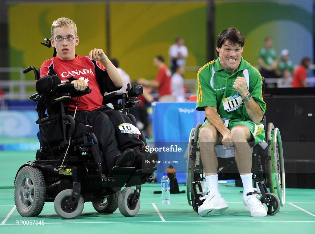 7 September 2008; Gabriel Shelly, from Bagenalstown, Co. Carlow, celebrates his win during his opening pool match of the Individual Boccia competition against Brock Richardson of Canada. Gabriel won the match 4-2. Beijing Paralympic Games 2008, Mixed Individual Boccia BC1, Pool D, Fencing Hall of National Convention Centre, Olympic Green, Beijing, China. Picture credit: Brian Lawless / SPORTSFILE