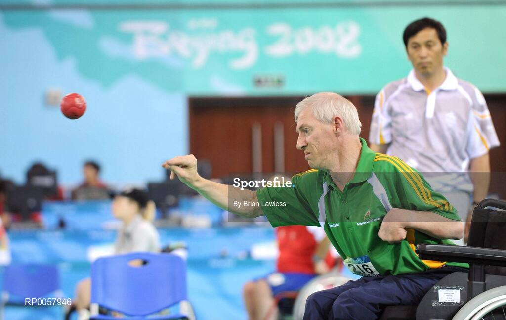 7 September 2008; Tom Leahy, from Fermoy, Co. Cork, during his opening pool match of the Individual Boccia competition against Risa Kainuma of Japan. Tom lost his match 4-2. Beijing Paralympic Games 2008, Mixed Individual Boccia BC2, Pool B, Fencing Hall of National Convention Centre, Olympic Green, Beijing, China. Picture credit: Brian Lawless / SPORTSFILE