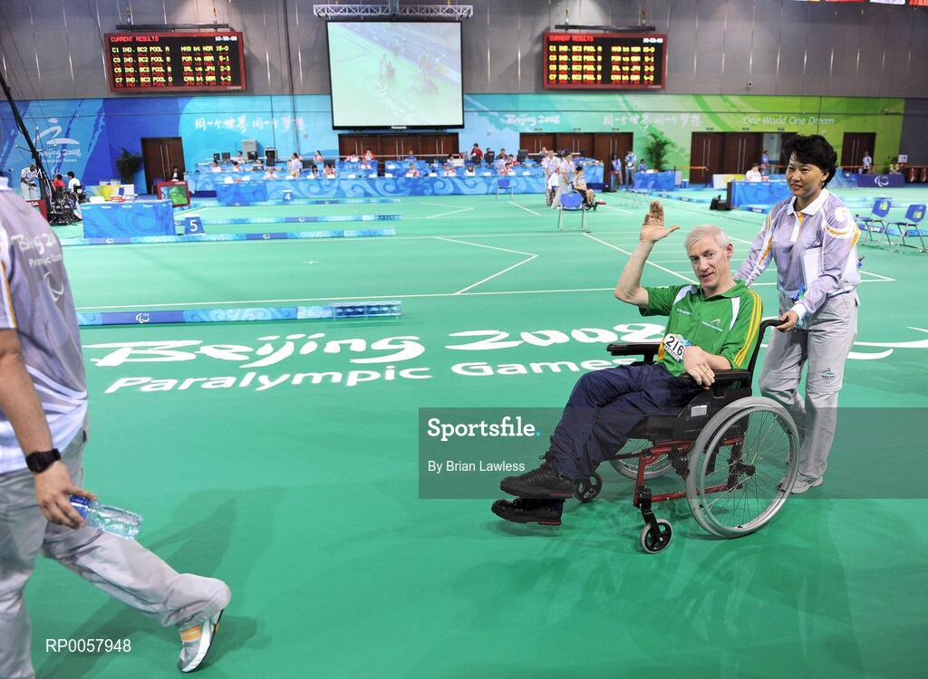 7 September 2008; Tom Leahy, from Fermoy, Co. Cork, waves to the crowd after his opening pool match of the Individual Boccia competition against Risa Kainuma of Japan. Tom lost his match 4-2. Beijing Paralympic Games 2008, Mixed Individual Boccia BC2, Pool B, Fencing Hall of National Convention Centre, Olympic Green, Beijing, China. Picture credit: Brian Lawless / SPORTSFILE
