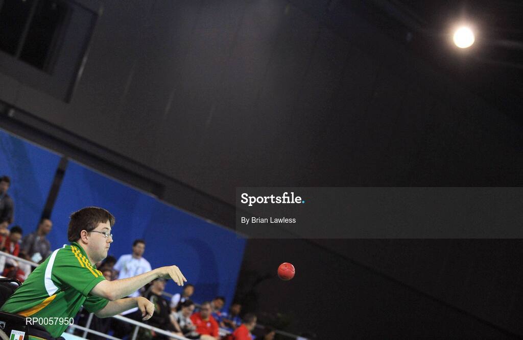 7 September 2008; Padraic Moran, from Bray, Co. Wicklow, during his opening pool match of the Individual Boccia competition against David Smith of Great Britain. Padraic won his match 9-0. Beijing Paralympic Games 2008, Mixed Individual Boccia BC1, Pool B, Fencing Hall of National Convention Centre, Olympic Green, Beijing, China. Picture credit: Brian Lawless / SPORTSFILE