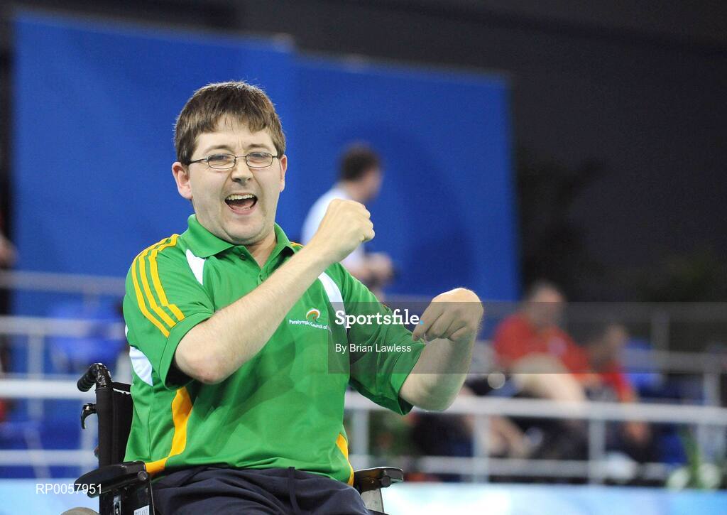 7 September 2008; Padraic Moran, from Bray, Co. Wicklow, celebrates a point during his opening pool match of the Individual Boccia competition against David Smith of Great Britain. Padraic won his match 9-0. Beijing Paralympic Games 2008, Mixed Individual Boccia BC1, Pool B, Fencing Hall of National Convention Centre, Olympic Green, Beijing, China. Picture credit: Brian Lawless / SPORTSFILE