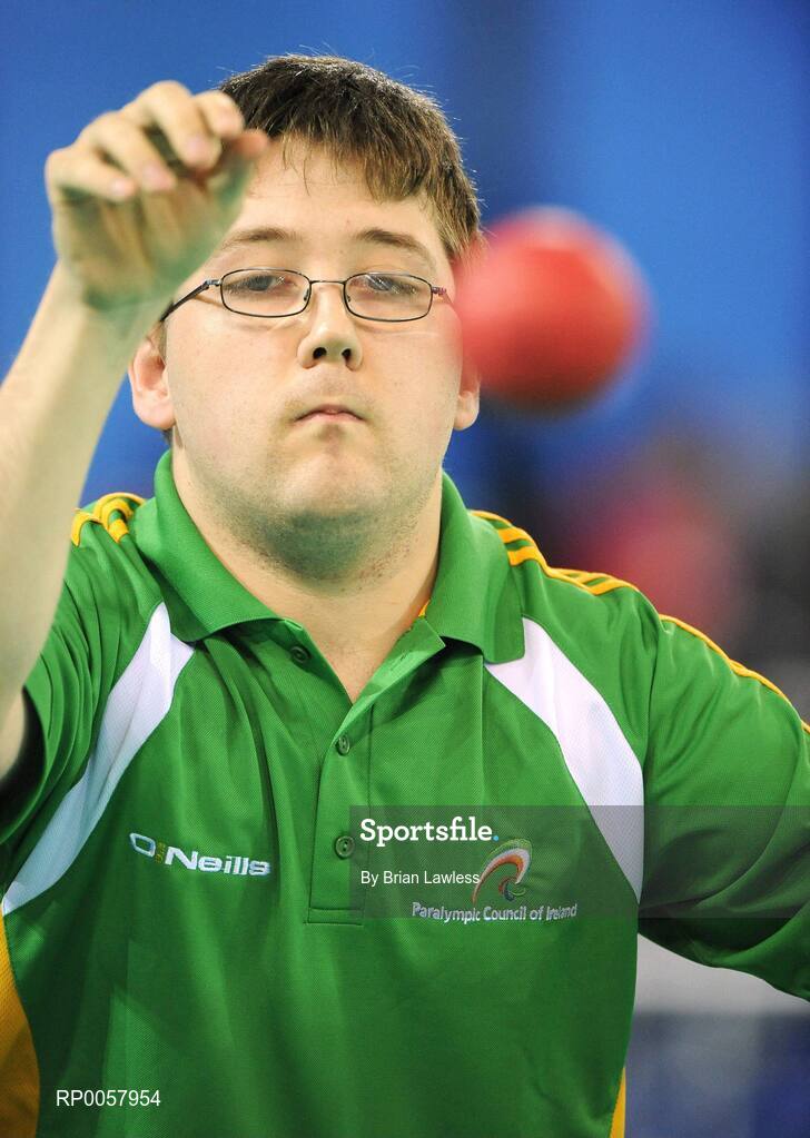 7 September 2008; Padraic Moran, from Bray, Co. Wicklow, during his opening pool match of the Individual Boccia competition against David Smith of Great Britain. Padraic won his match 9-0. Beijing Paralympic Games 2008, Mixed Individual Boccia BC1, Pool B, Fencing Hall of National Convention Centre, Olympic Green, Beijing, China. Picture credit: Brian Lawless / SPORTSFILE