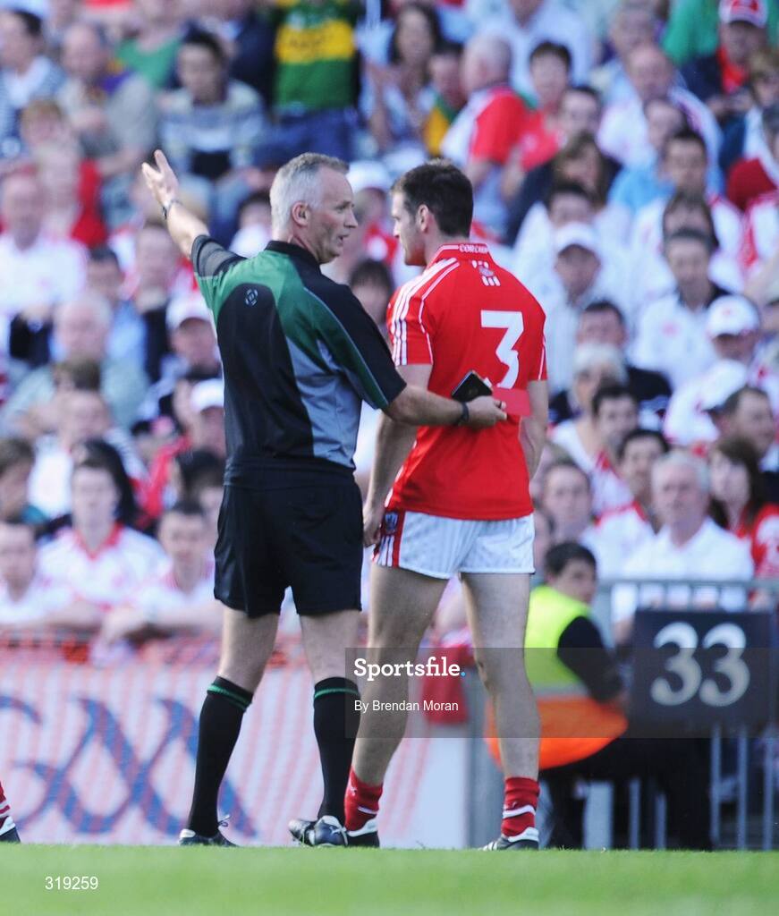31 August 2008; Derek Kavanagh, 3, Cork, is sent off by referee Jimmy White. GAA Football All-Ireland Senior Championship Semi-Final Replay, Kerry v Cork, Croke Park, Dublin. Picture credit: Brendan Moran / SPORTSFILE