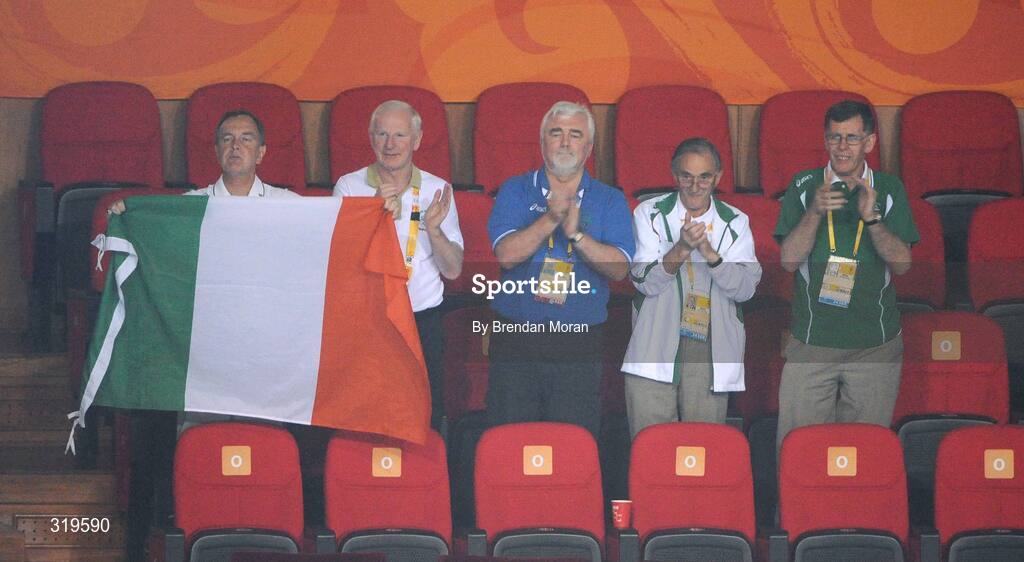 19 August 2008; Cheering on the Irish boxers are, from left, Minister for Arts, Sport and Tourism, Martin Cullen, TD, Pat Hickey, President of the Olympic Council of Ireland, Donagh Morgan, Chief Executive, National Sports Campus Development Authority, Dermot Sherlock, Honorary Secretary General, Olympic Council of Ireland and Willie O'Brien, Olympic Council of Ireland. Beijing 2008 - Games of the XXIX Olympiad, Beijing Workers' Gymnasium, Olympic Green, Beijing, China. Picture credit: Brendan Moran / SPORTSFILE