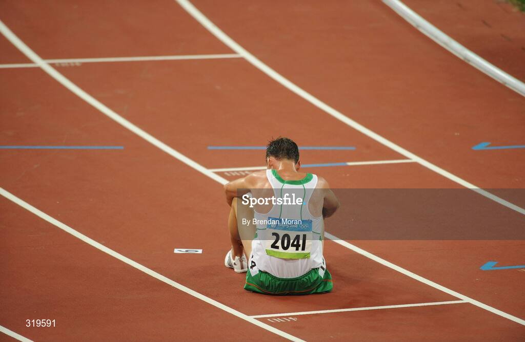 20 August 2008; Alistair Cragg, 2041, Ireland, reacts after his heat of the Men's 5000m, where he finished 6th in a time of 13:38.57 and qualified for the final. Beijing 2008 - Games of the XXIX Olympiad, National Stadium, Olympic Green, Beijing, China. Picture credit: Brendan Moran / SPORTSFILE