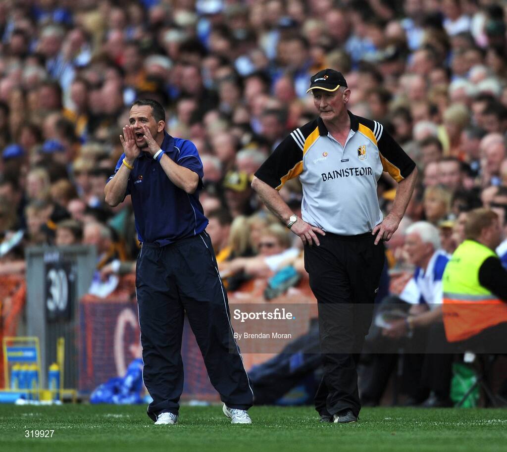 7 September 2008; Waterford manager Davy Fitzgerald, left, and Kilkenny manager Brian Cody patrol the sideline during the game. GAA Hurling All-Ireland Senior Championship Final, Kilkenny v Waterford, Croke Park, Dublin. Picture credit: Brendan Moran / SPORTSFILE